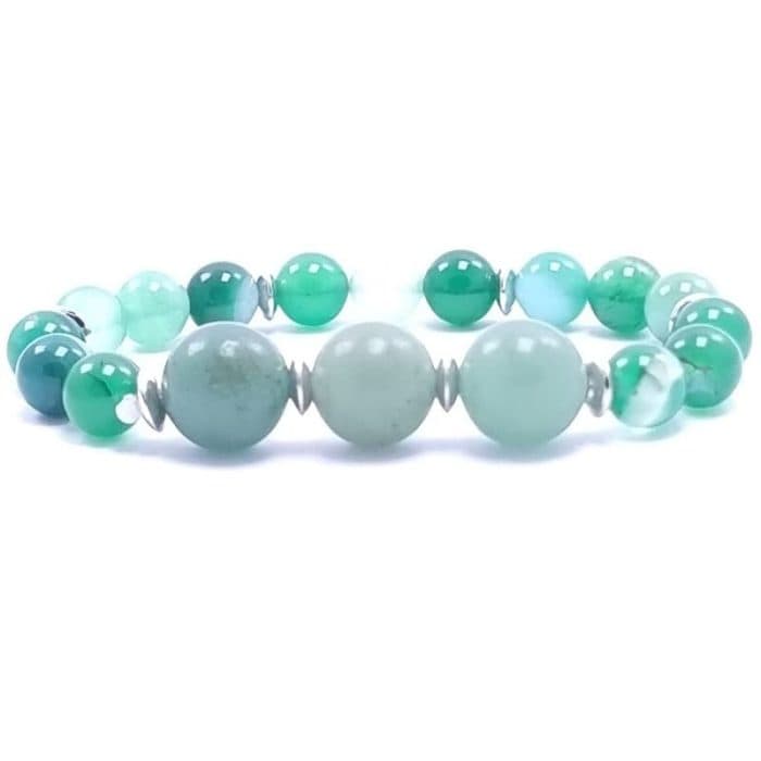 Delicate Gemstones Rachno izrabotena grivna s Zelen Ahat, Zelen Avantyurin i Stomaneni Elementi na Silikonova Korda