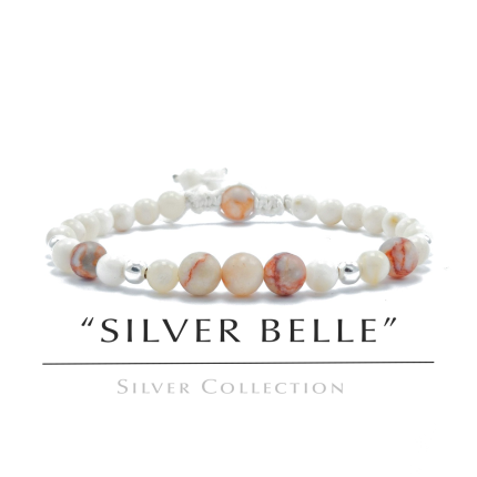 Rachno izrabotena makrame grivna s Byal Sedef, Yaspis i Srebarni Elementi & 8220 SILVER BELLE& 8221