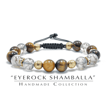 Rachno izrabotena grivna s estestveni kamani Tigrovo Oko, Drakonovi Veni i pozlateni stomaneni topcheta & 8220 EYEROCK SHAMBALLA& 8221