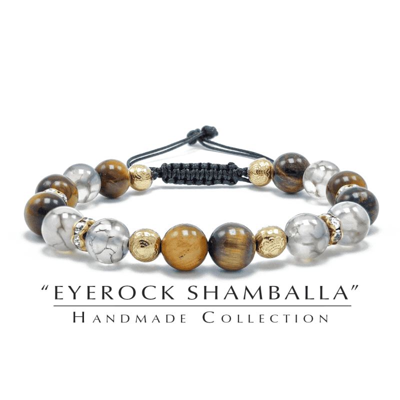 Rachno izrabotena grivna s estestveni kamani Tigrovo Oko, Drakonovi Veni i pozlateni stomaneni topcheta & 8220 EYEROCK SHAMBALLA& 8221
