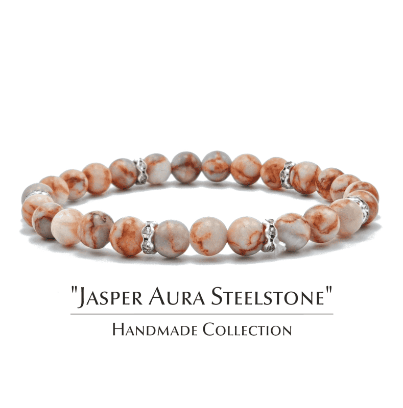 Grivna s estestven yaspis i metalni manista s kristali & 8220 Jasper Aura Steelstone& 8221