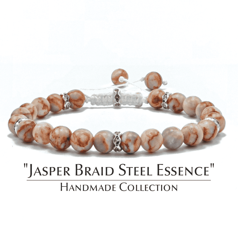 Makrame grivna s estestven yaspis i metalni manista s kristali & 8220 Jasper Braid Steel Essence& 8221