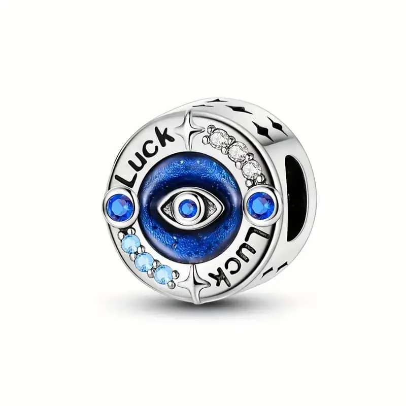Посребрен Талисман със синьо око и надпис LUCK за гривна тип Пандора